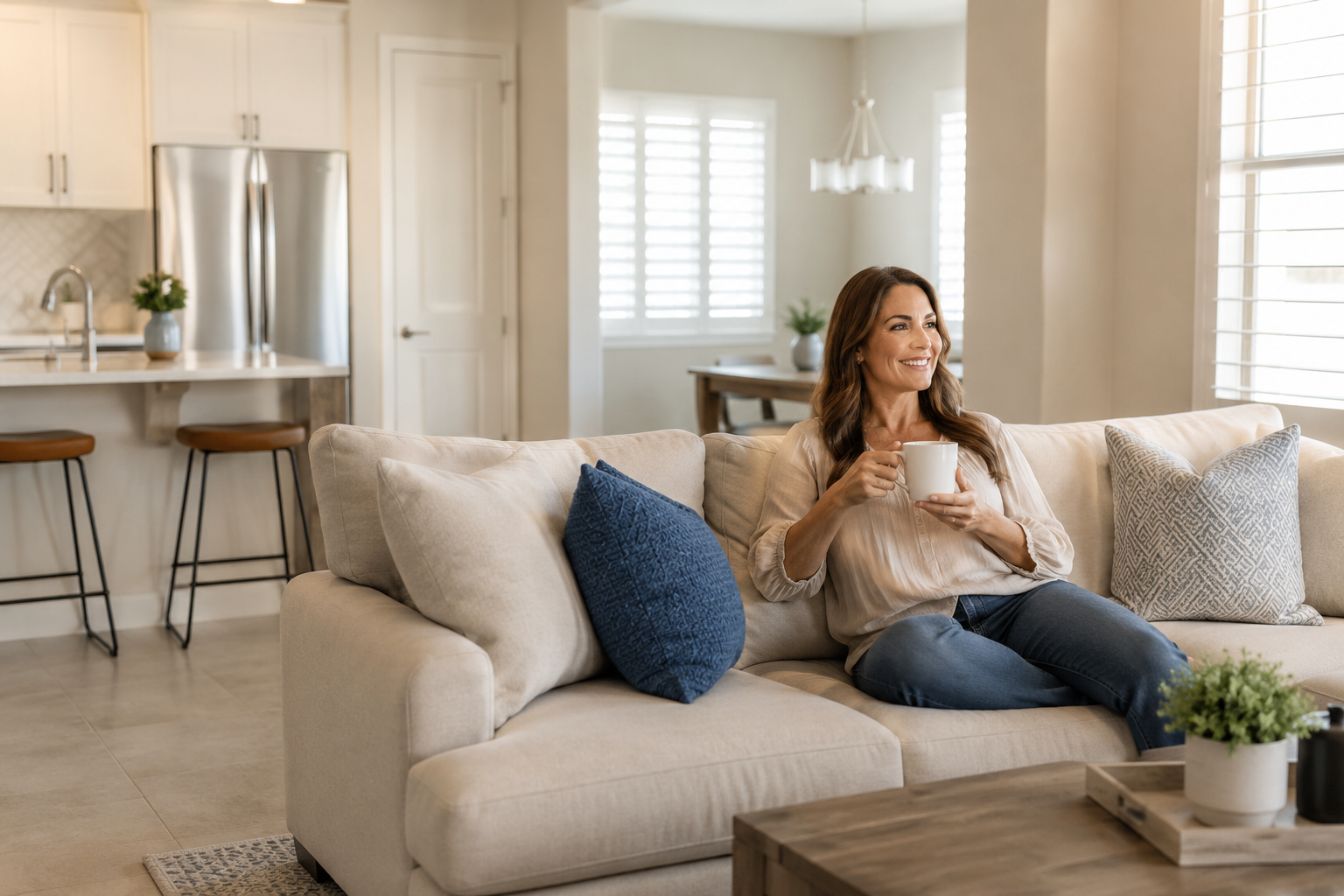 Homeowner relaxing in a spotlessly clean Las Vegas home after Vegas Cleaning Pros service