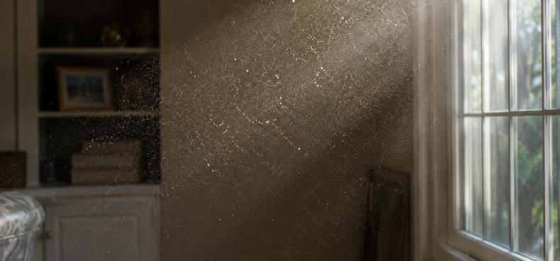 Dust particles visible in sunlight inside a Las Vegas home — indoor air quality cleaning tips