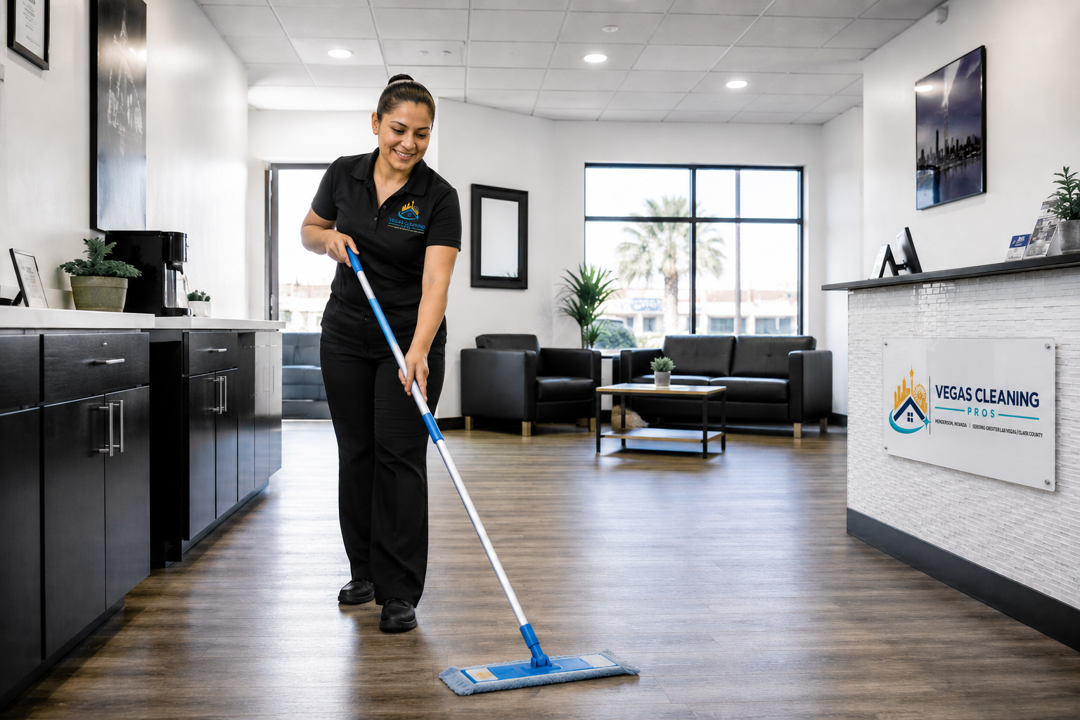 Vegas Cleaning Pros professional cleaner mopping a commercial office space in Las Vegas NV